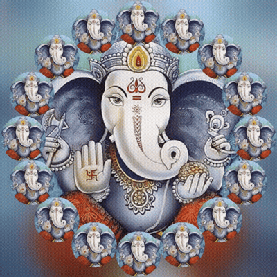 A Painting Of Ganesha Surrounded By Other Ganeshas With The Letters Ss On Their Faces GIF