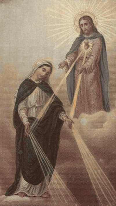 A Painting Of Jesus And A Woman With Rays Of Light Coming Out Of Her Hands GIF