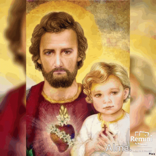 A Painting Of Jesus Holding A Child With Alma Written On The Bottom Right GIF