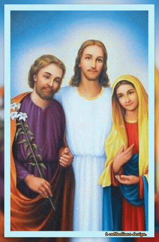 A Painting Of Jesus Holding A Flower Standing With Two People GIF