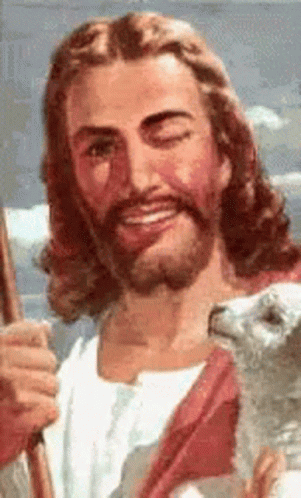 A Painting Of Jesus Holding A Sheep And Smiling . GIF