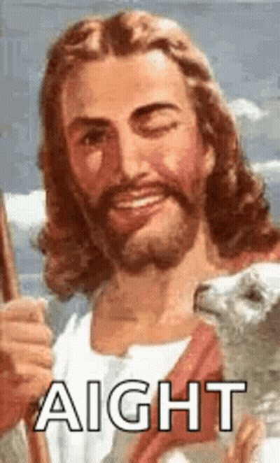 A Painting Of Jesus Holding A Sheep With The Words `` Aight '' Written On It . GIF