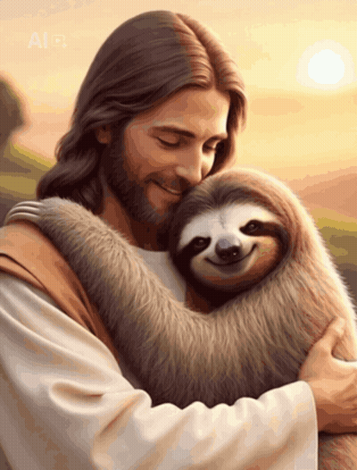 A Painting Of Jesus Holding A Sloth With The Letters A And B On The Bottom Right GIF