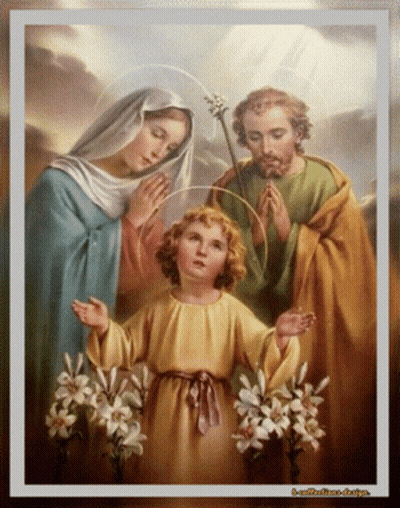 A Painting Of Jesus Mary And Joseph With Flowers In The Background GIF