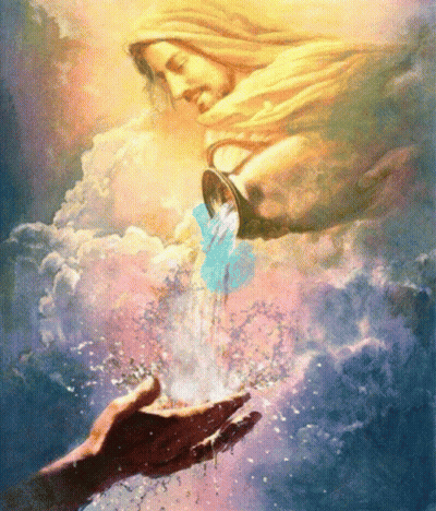 A Painting Of Jesus Pouring Water From A Pitcher Into A Hand GIF