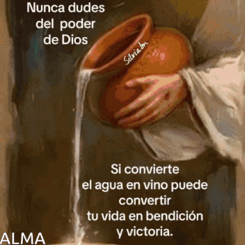 A Painting Of Jesus Pouring Water Into A Bowl With A Quote In Spanish GIF
