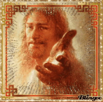 A Painting Of Jesus Reaching Out Towards The Viewer GIF