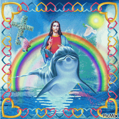 A Painting Of Jesus Riding A Dolphin With A Rainbow In The Background GIF