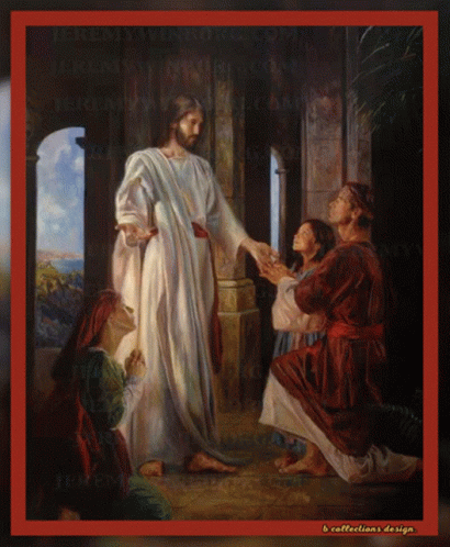 A Painting Of Jesus Standing In Front Of A Group Of People With The Words B Collections Design On The Bottom GIF