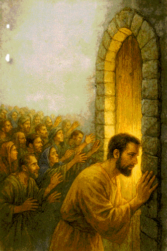 A Painting Of Jesus Standing In Front Of A Stone Door GIF