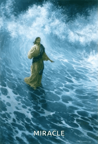 A Painting Of Jesus Walking Through A Wave With The Word Miracle On The Bottom GIF