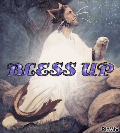 A Painting Of Jesus With A Cat 'S Tail And The Words Bless Up Above Him GIF