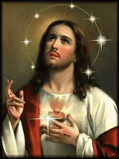 A Painting Of Jesus With A Circle Of Stars Around Him GIF