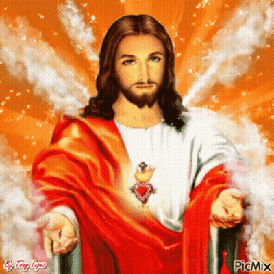 A Painting Of Jesus With A Red Robe And A Cross On His Chest . GIF