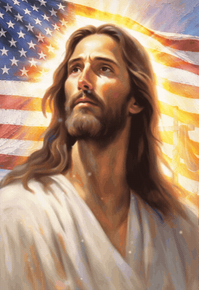 A Painting Of Jesus With The American Flag Behind Him GIF