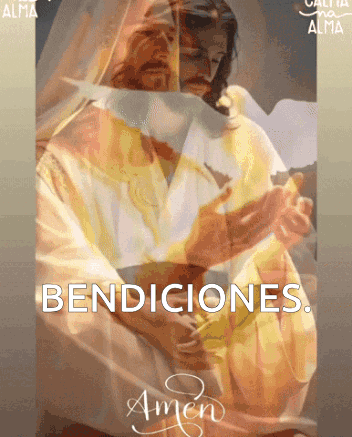 A Painting Of Jesus With The Words Bendiciones Written Above Him GIF