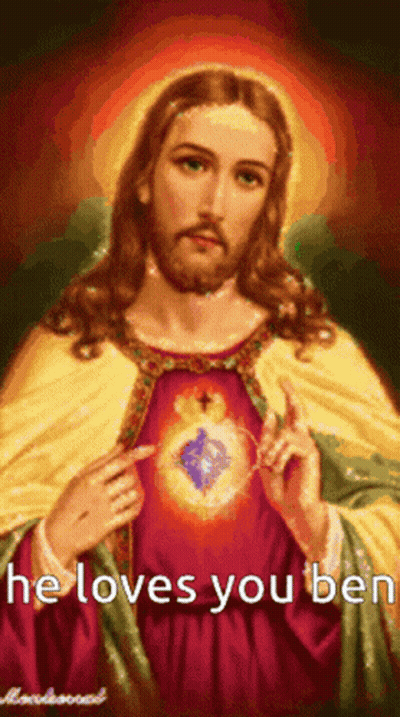 A Painting Of Jesus With The Words " He Loves You " Above Him GIF