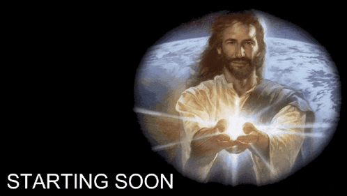 A Painting Of Jesus With The Words Starting Soon Behind Him GIF