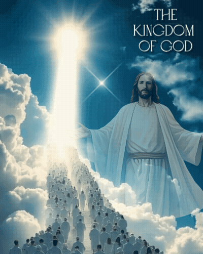 A Painting Of Jesus With The Words The Kingdom Of God Written Above Him GIF