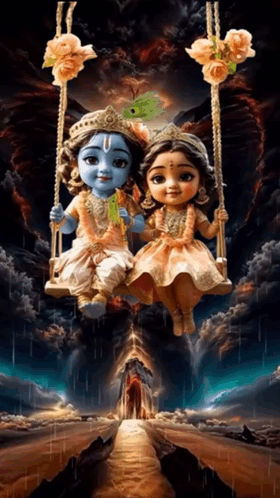 A Painting Of Krishna And Radha Sitting On Swings GIF