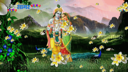 A Painting Of Krishna And Radha Surrounded By Flowers And Birds GIF