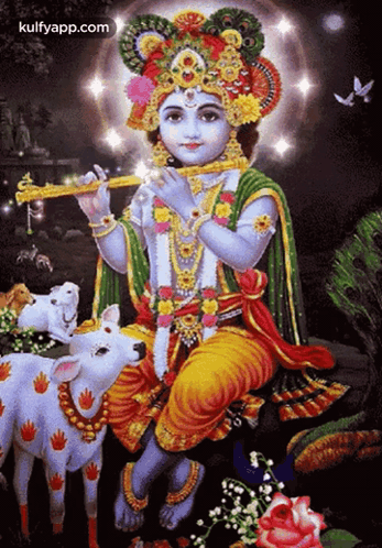 A Painting Of Krishna Playing A Flute With A Cow Behind Him GIF