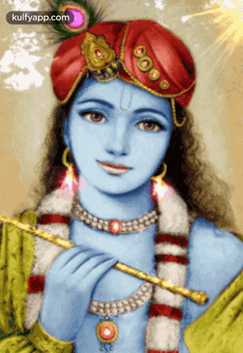 A Painting Of Krishna With A Flute And A Peacock Feather On His Hat GIF