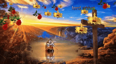 A Painting Of Lord Shiva With A Cross And Flowers GIF