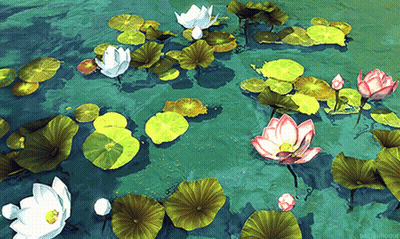 A Painting Of Lotus Flowers And Lily Pads In A Pond With The Watermark Dalishrogue GIF