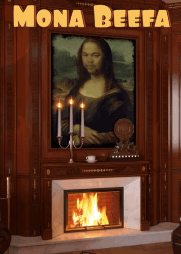 A Painting Of Mona Lisa With The Words Mona Beefa Written Above It GIF