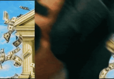 A Painting Of Money Falling From The Sky With A Man In The Foreground GIF