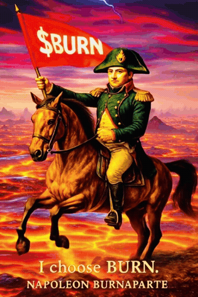 A Painting Of Napoleon On A Horse Holding A Red Flag That Says $ Burn GIF