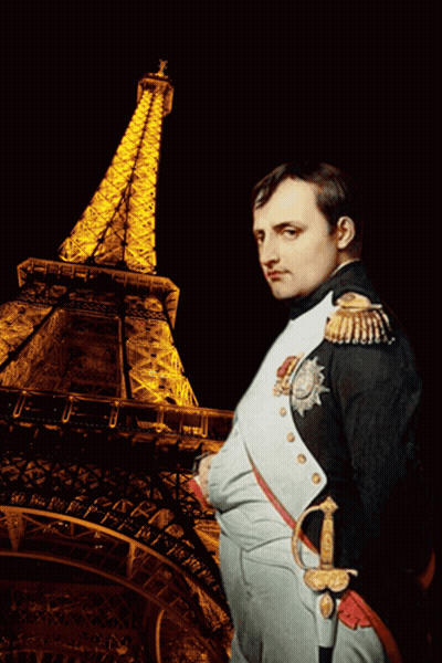 A Painting Of Napoleon Standing In Front Of The Eiffel Tower With The Words Bonne N On The Bottom GIF