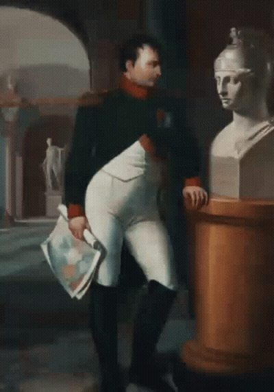 A Painting Of Napoleon Standing Next To A Statue Of Him GIF