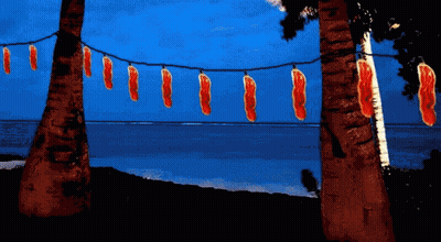A Painting Of Palm Trees With A String Of Red Lights Hanging From Them GIF