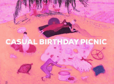 A Painting Of People Having A Picnic With The Words Casual Birthday Picnic GIF