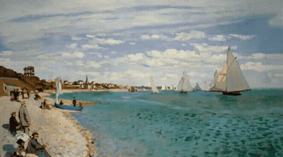 A Painting Of People On A Beach With Boats In The Background GIF
