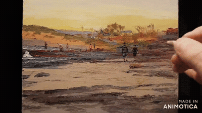 A Painting Of People Walking On A Beach Is Made In Animatica GIF