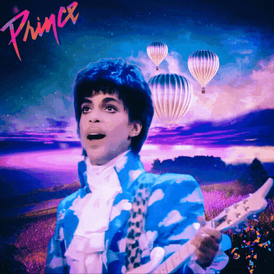 A Painting Of Prince Holding A Guitar With Balloons In The Background GIF