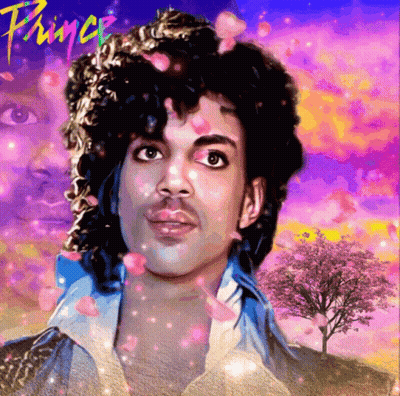 A Painting Of Prince With Pink Petals On His Head GIF