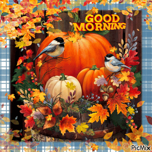 A Painting Of Pumpkins And Leaves With The Words Good Morning Written On It GIF