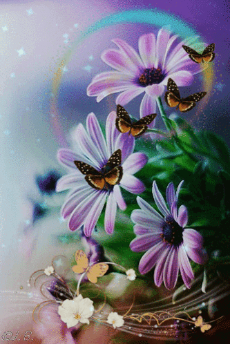 A Painting Of Purple Flowers With Butterflies And The Letters S.a.b. On The Bottom GIF