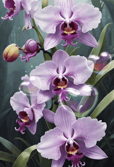 A Painting Of Purple Orchids With Bubbles Coming Out Of Them GIF