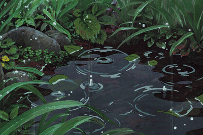 A Painting Of Rain Drops Falling Into A Pond Surrounded By Plants GIF