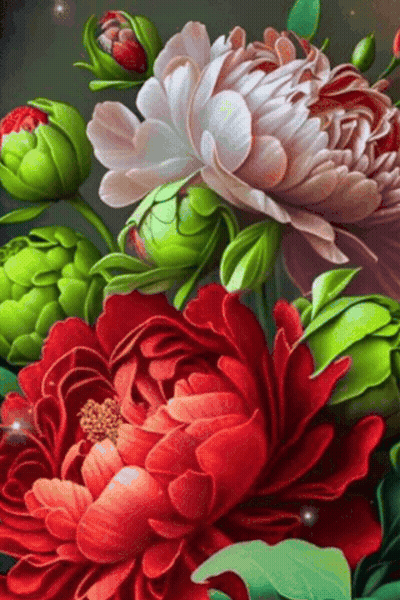 A Painting Of Red And White Flowers With Green Leaves And Buds GIF