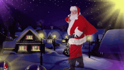 A Painting Of Santa Claus Standing In Front Of A Snowy House GIF