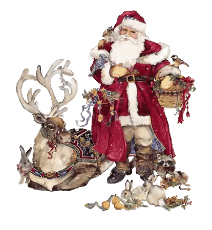 A Painting Of Santa Claus Standing Next To A Reindeer With Rabbits And Raccoons Sticker