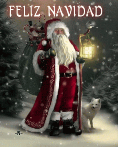 A Painting Of Santa Claus With The Words Feliz Navidad On The Top GIF