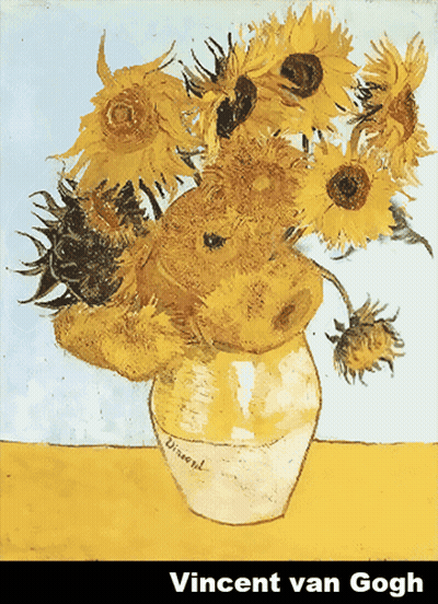 A Painting Of Sunflowers By Vincent Van Gogh Is On A Yellow Background GIF