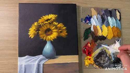 A Painting Of Sunflowers In A Vase Next To A Made In Animatica Palette GIF